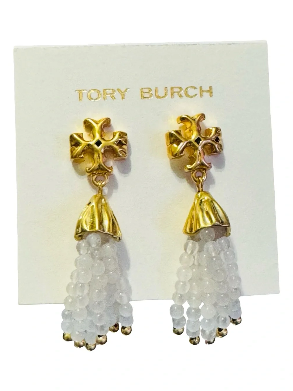 Tory Burch Gold RARE and White Beaded Tassel Drop Earrings NWT & Dustbag!